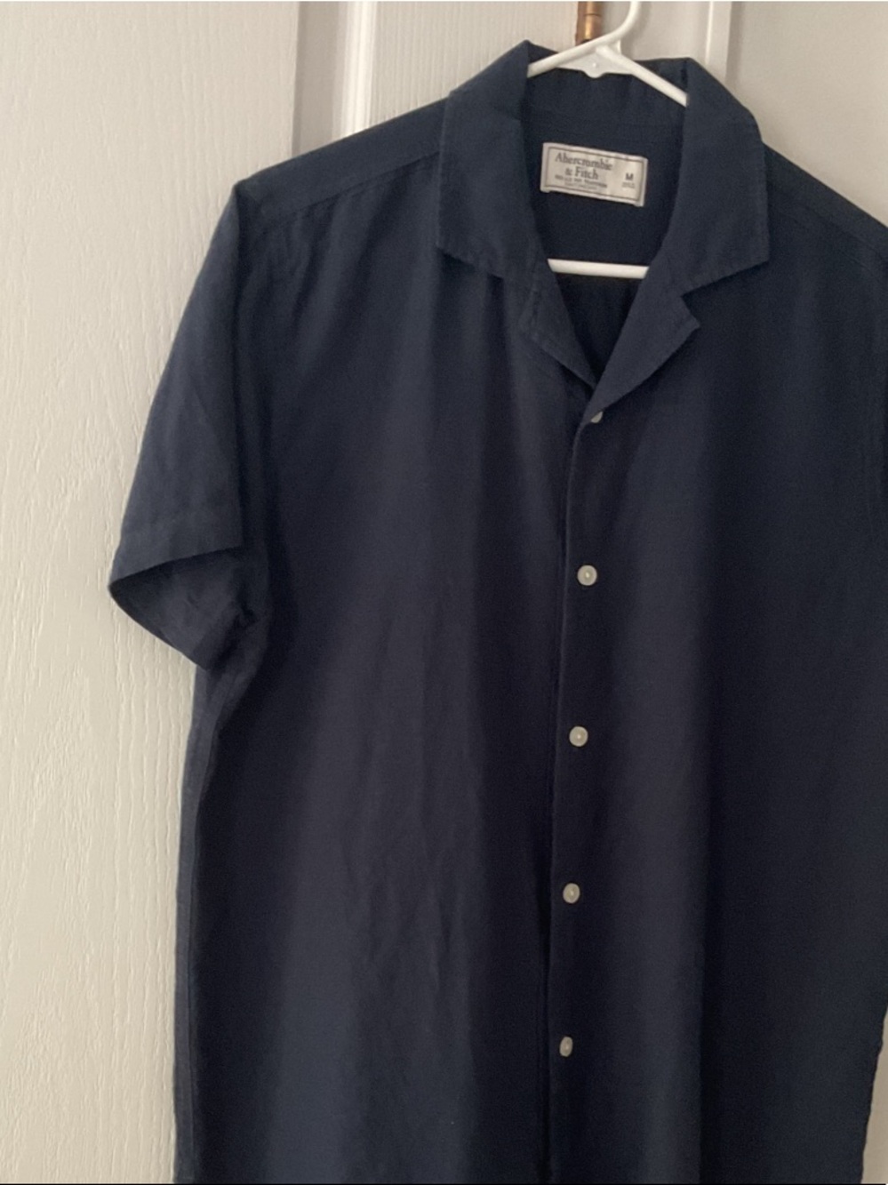 Abercrombie & Fitch Linen Cotton Navy Short-Sleeve Button-Up Shirt Size M